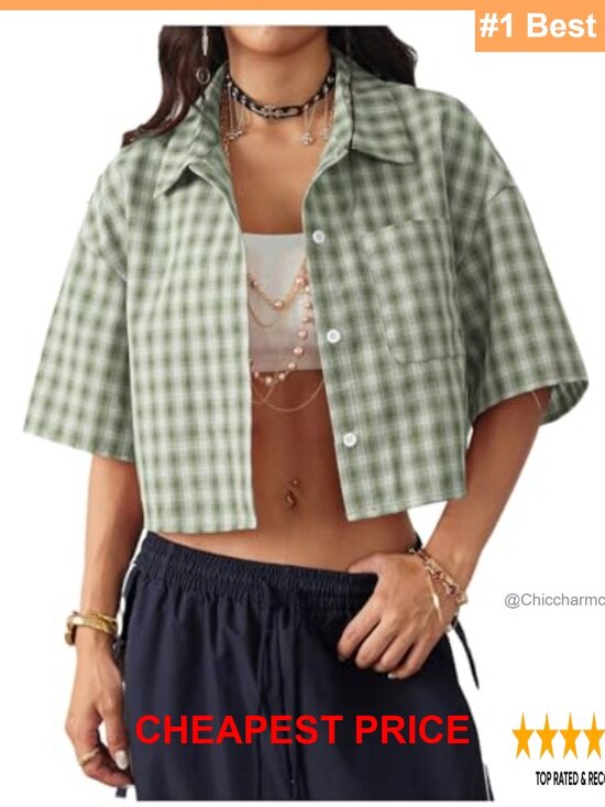 Tops - Crop Button Down Plaid Short Sleeve Blouse